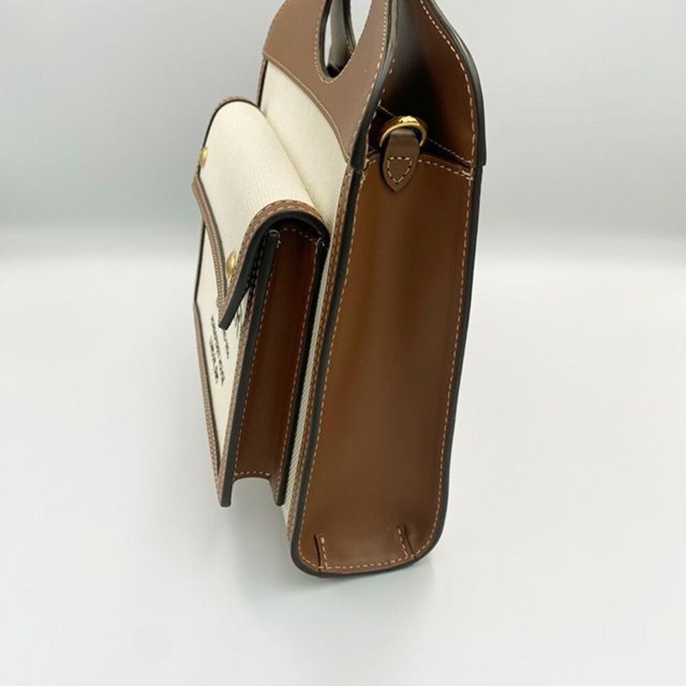 Brown Canvas Leather Two-tone Pocket Mini Tote Bag - Picture 3 of 9